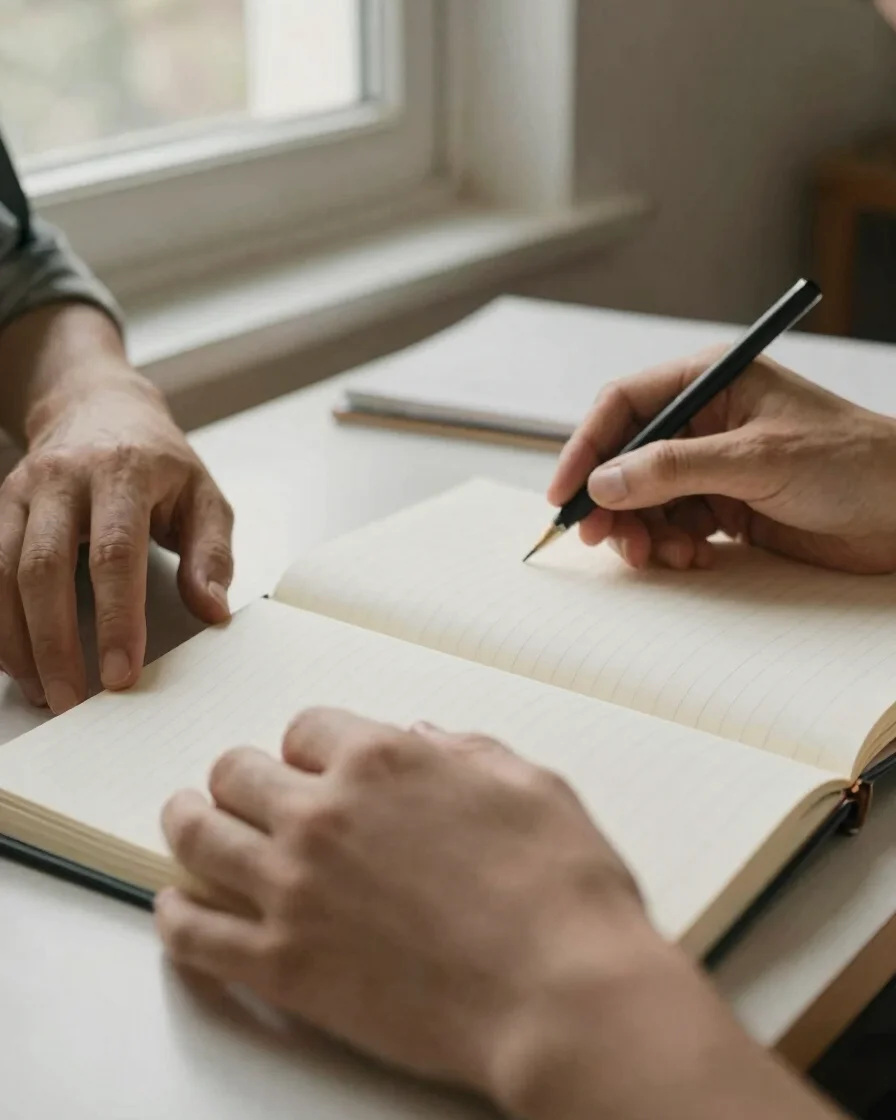 Natural-light editorial close detail of two sets of hands resting near a open notebook on a table, soft window daylight,