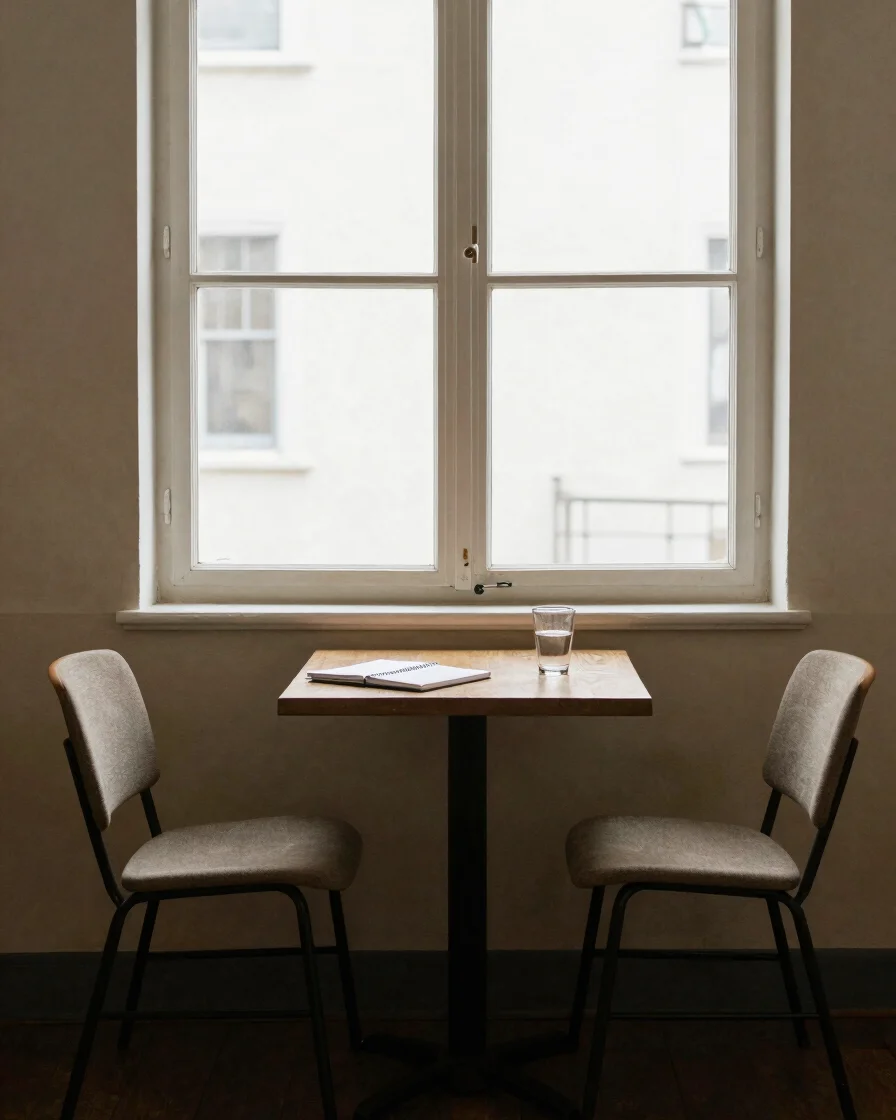 Natural-light editorial wide of a calm, private meeting space wit
